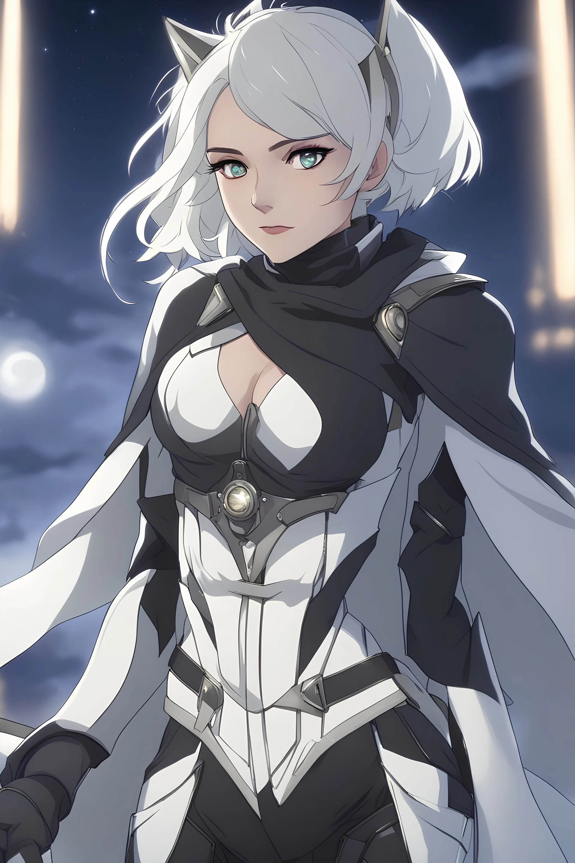 Pale Woman with short white hair, grey eyes, scar over eye, silver and white futuristic corset, wearing a skirt and thigh boots, white cloak, lynx ears, wielding a scimitar, smirking, smug, night sky background, RWBY animation style