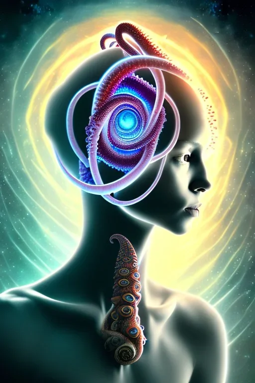 Spiritual being with Tentacles over human Head creating reality around, wrapping Spiral around Human, Psychedelic