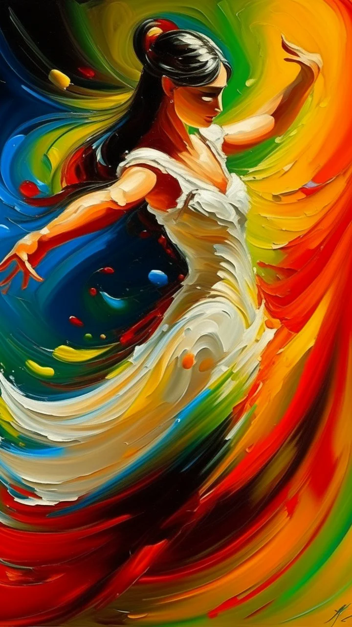 The flamenco dancer in white dress dancing , oil painting with hard brush colors on the canvas