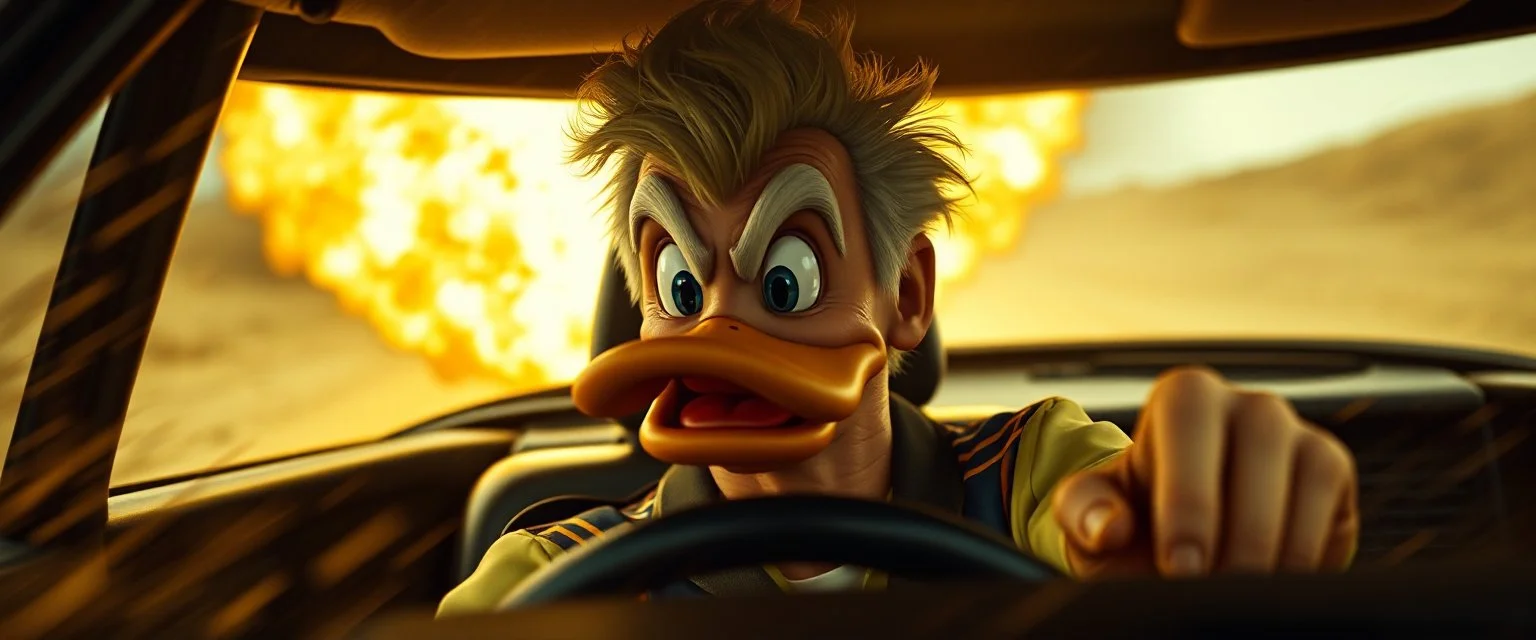 Donald fikk noe av stoffet til å detonere ved ett uhell. Når Donalditt brukes som drivstoff, utløser det vanvittige krefter. In the style of Rembrandt and Fallout 4, Donald in a fast car. Background blur. Movie poster. Wild look.