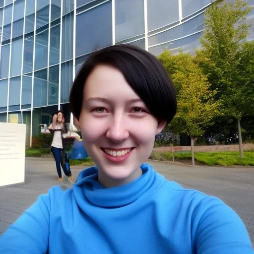 A short haired, female computer engineer taking a selfie in front of Building 92 at Microsoft