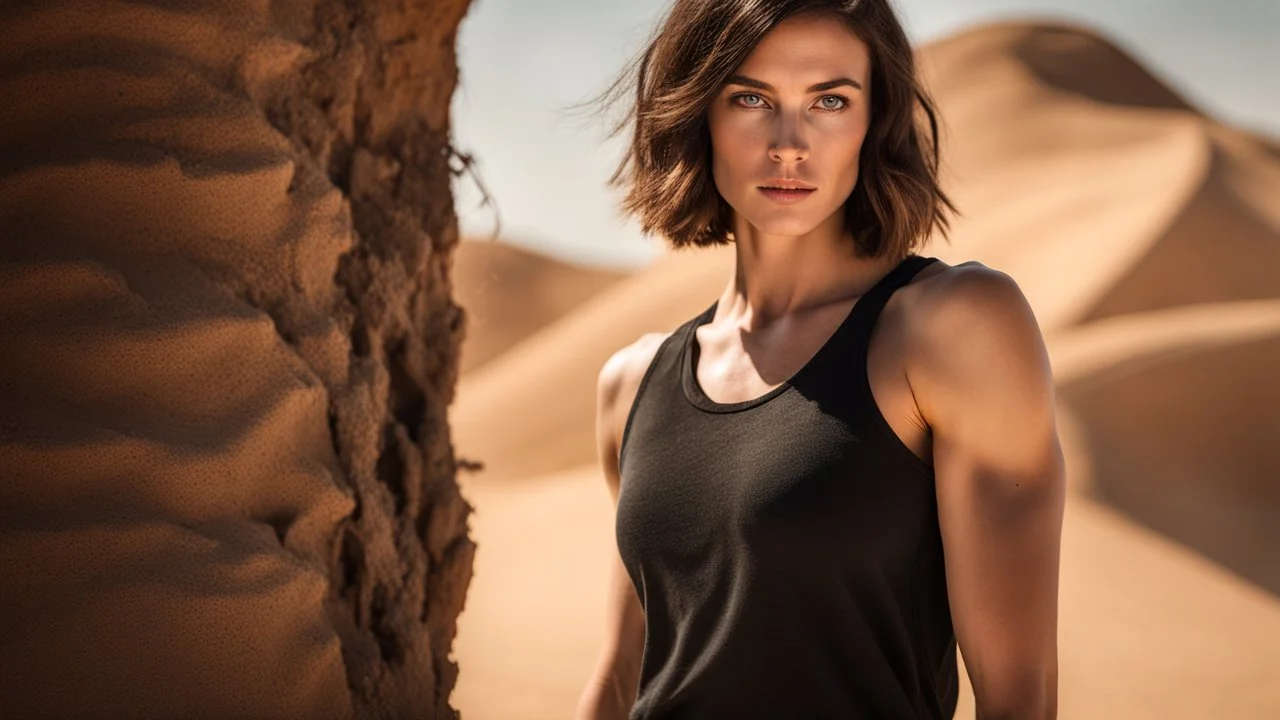 beautiful slender caucasian female technician, black tank top, well toned muscles, weathered face, scratched sand camo metal details, short brunette wavy bob haircut, dystopian, desert scene, using a handheld sensor