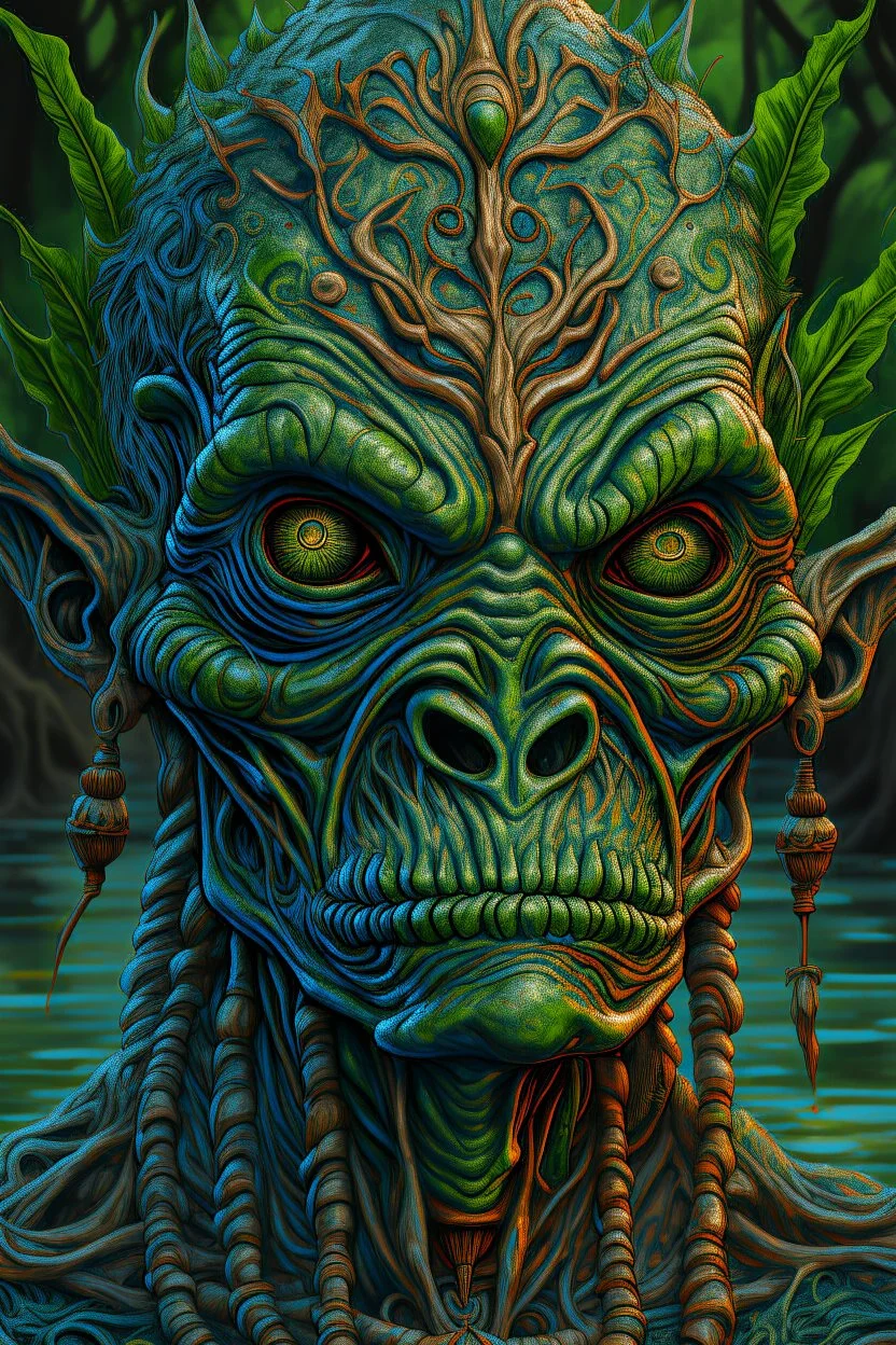 Swamp Thing, real alien character, ominous, facepaint, waist up portrait, intricate, oil on canvas, masterpiece, expert, insanely detailed, 4k resolution, retroanime style, cute big circular reflective eyes, cinematic smooth, intricate detail , soft smooth lighting, soft pastel colors, painted Renaissance stylestyle
