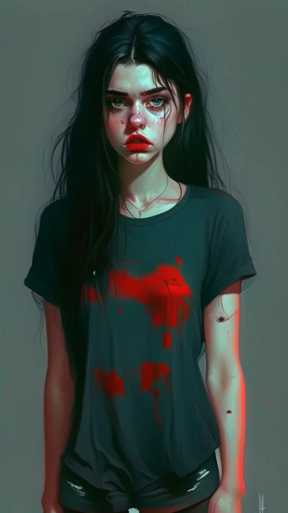 generate a full-length girl with gray-green sad eyes, with dark hair above the shoulders, a round face, not very plump lips, in a black T-shirt with a red print, short shorts, blue socks