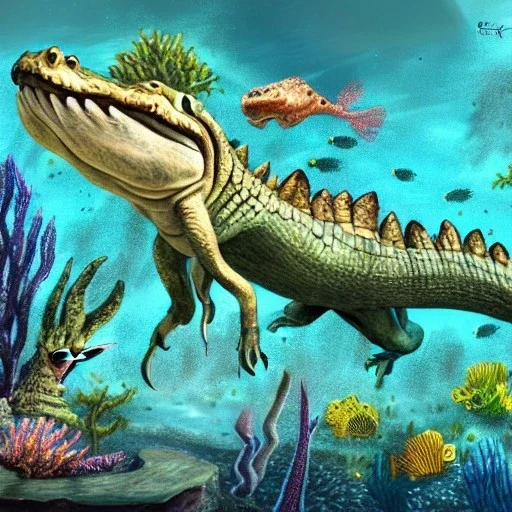 beautiful, stunning paleoart of alligator with fins for legs and fishtail deep underwater, coral reefs, plants, in the style of eleanor kish, davide bonadonna, julius csotony, fabio pastor, wide field of view, Masosaurus, photorealistic, illustrative, digital art, 8k resolution, detailed matte, painting, artwork, deviantart