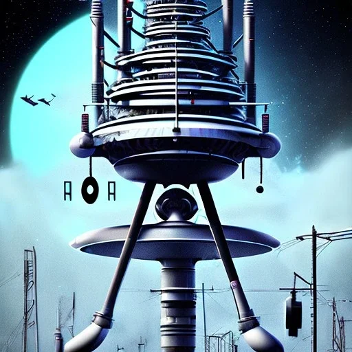 mad scientist, weird birds, huge black and white cell tower on top of building in background, movie poster,spray paint art