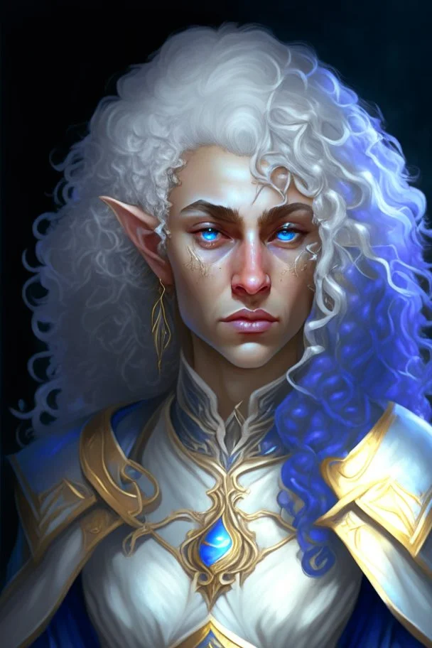 A muscular female elf twilight cleric in a silver robe with blue curly hair and golden eyes