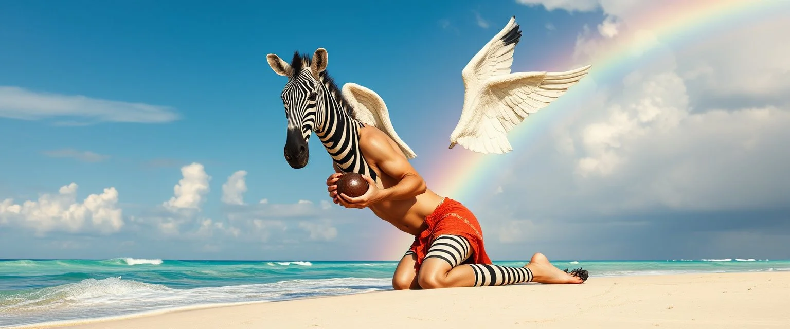 Charon on his knees on the shore holding coconut wearing crying angel zebra holding his head with rainbow background