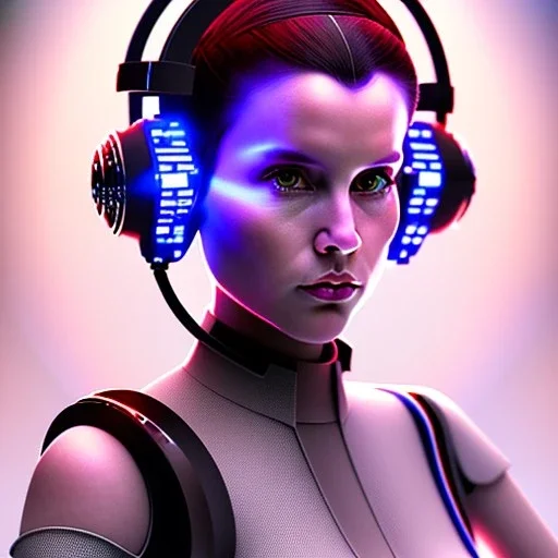 Headphones Christian Boshell cinematic photorealistic futuristic Star Wars princess leia style on glass head, intricate, volumetric lighting, 512K, bold vibrant colors