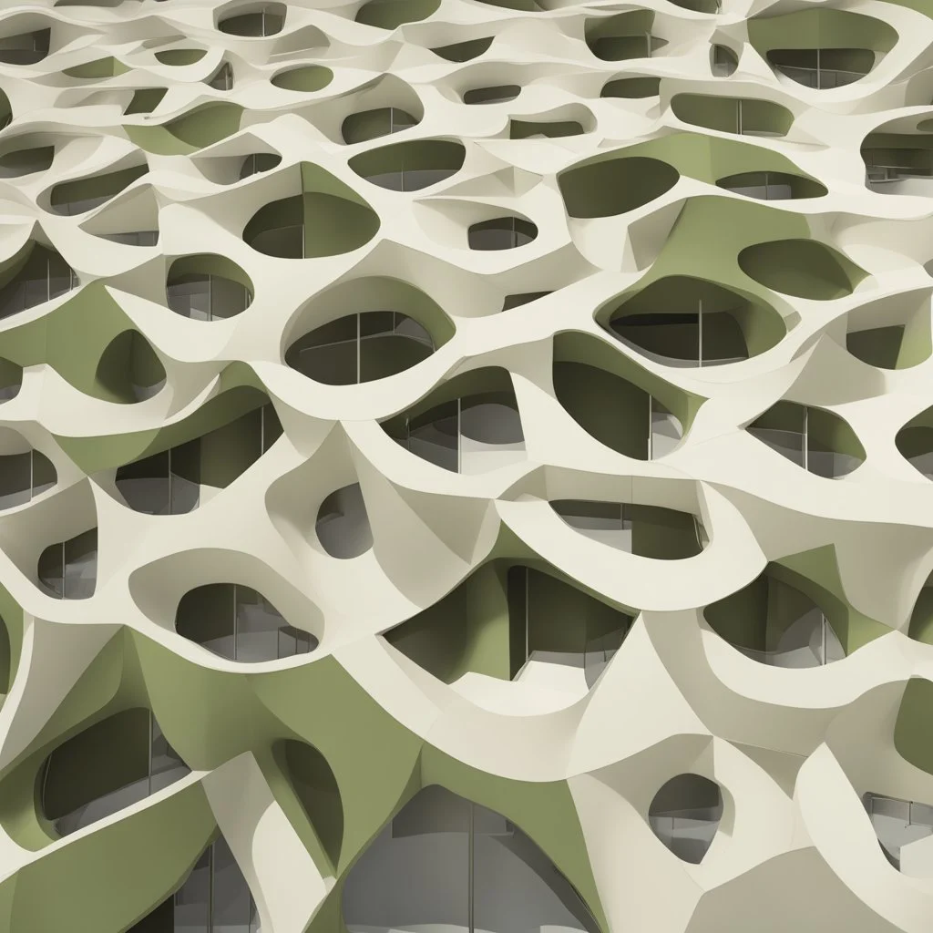 An olive-core-inspired building, presented in a contemporary abstract style.