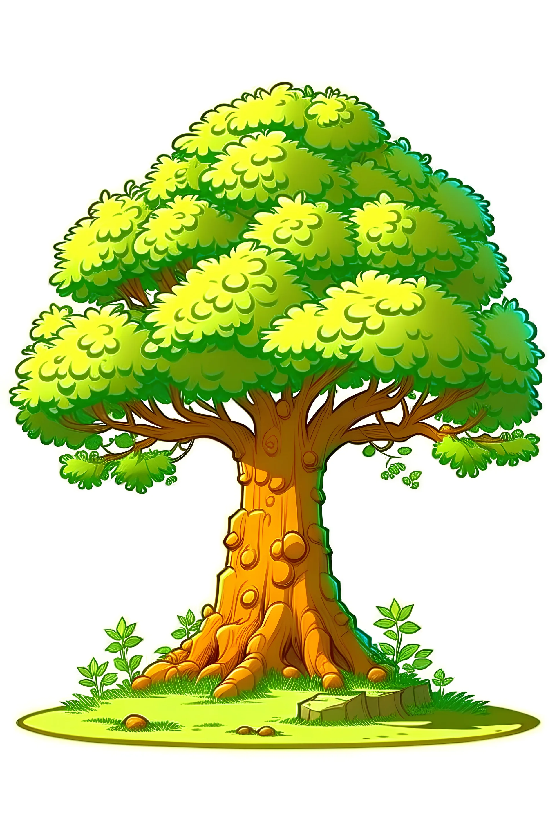 2D cartoon art for one tree , white background, full body, cartoon style, no shadows. R