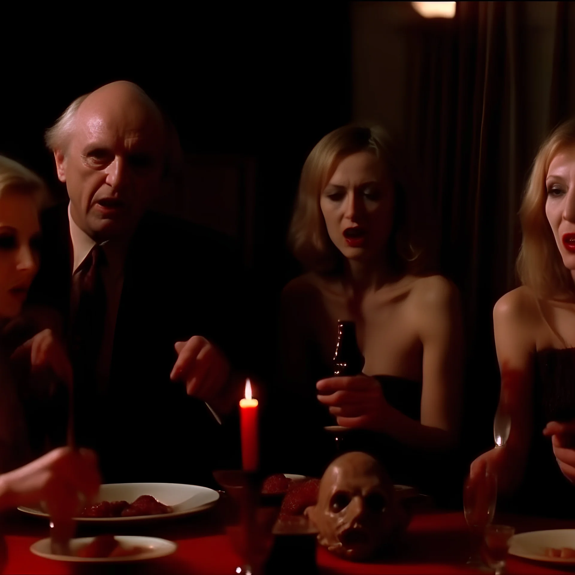 Movie shot horror, spooky, ultra realistic distress, dining, ultra realistic hot women, party, pieces of meat, creepy, organs, ail dynamic, anguish, excited people, hypermaximalist figures, Creepy, Alfred Hitchcock, sinister, John Carpenter, Dario Argento, ornate, 4k, photorealism