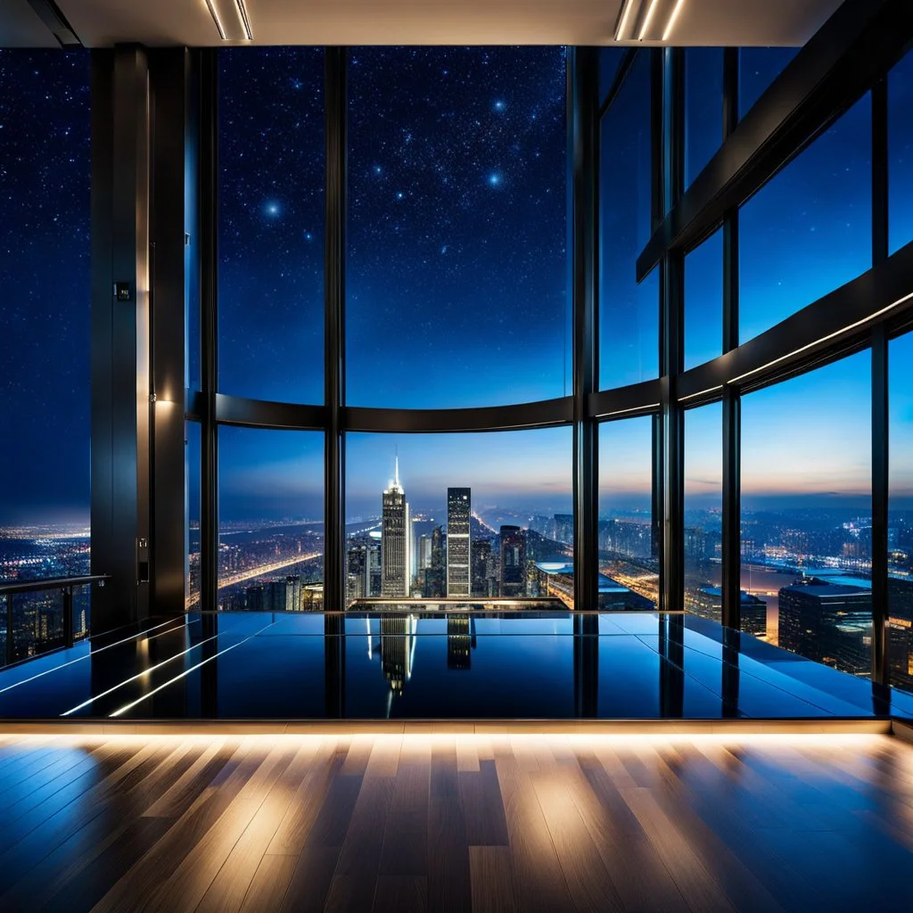 in luxury hall in top floor of skyscrapper in moder city at night sky, ,city scape at backgrownd