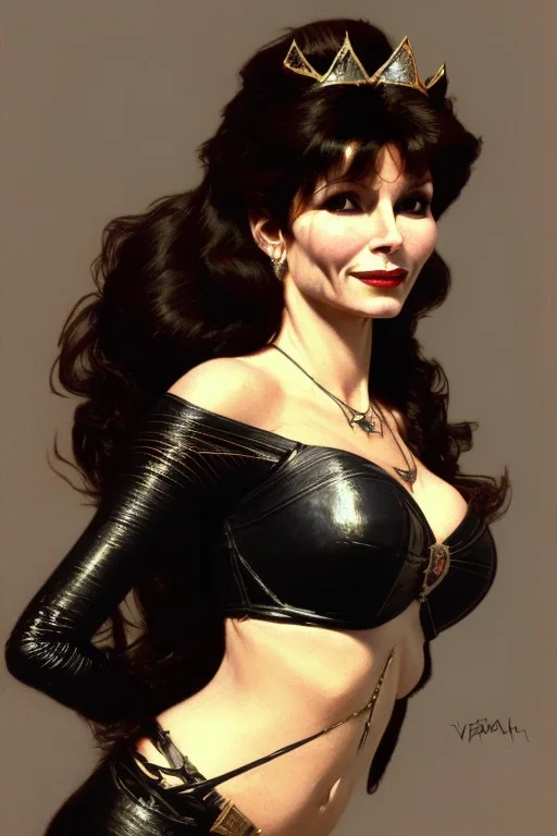 painting of victoria principal as evil queen in black leather, feminie, angry, volouptous, busty, cleavage, emperious, mature, highly detailed, digital painting, artstation, concept art, smooth, sharp focus, illustration, art by gaston bussiere and alphonse mucha