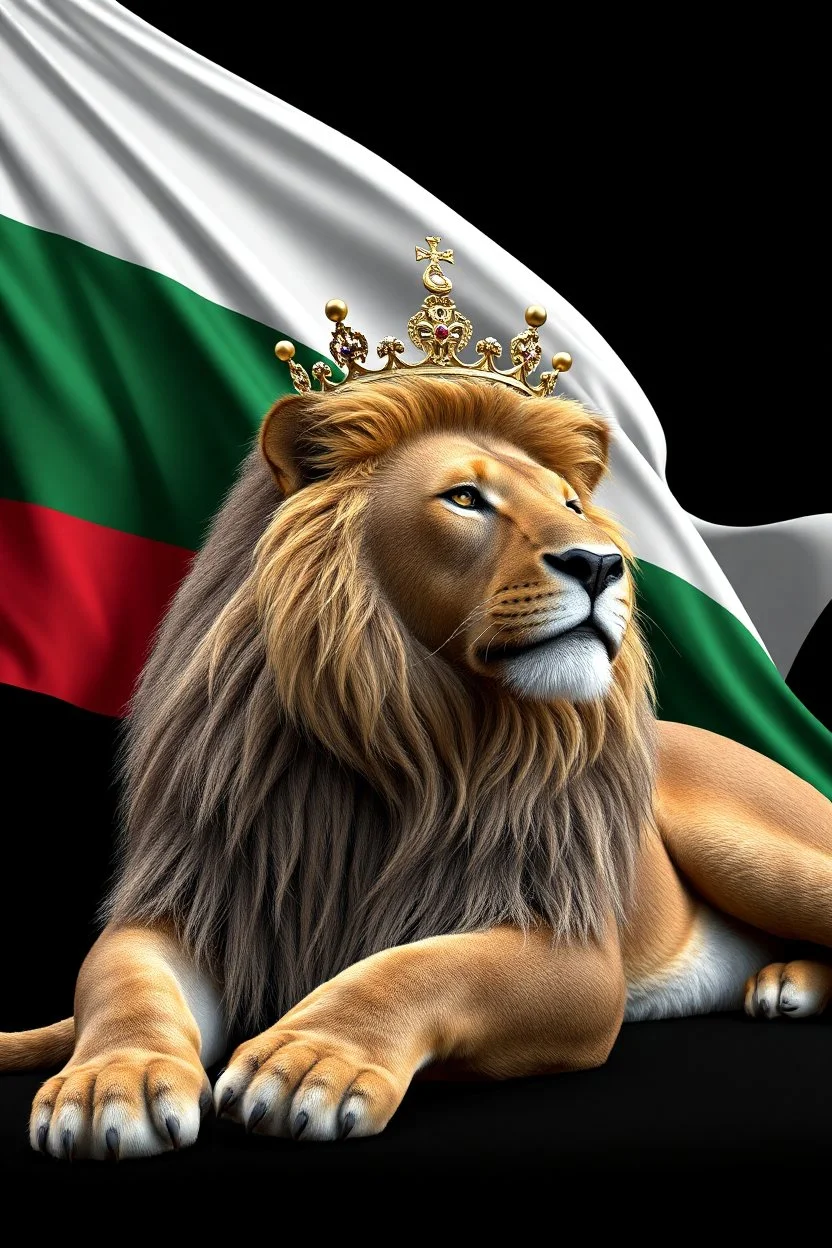 Create A hyper-realistic highly detailed, 3D-rendered image of a majestic lion lying down, wearing a royal crown. The lion's fur should be rich and textured, with a regal and powerful presence. Behind the lion, the flag of the Republic of Bulgaria(white, green,red) waves gracefully, its white, green, and red colors vivid and well-defined. The background should be an elegant, deep black, creating a striking contrast that enhances the grandeur of the lion and the flag. The lighting should be drama