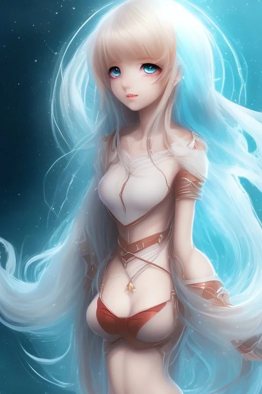 A soft and beautiful and innocent anime girl. Background is a world of fire and ice