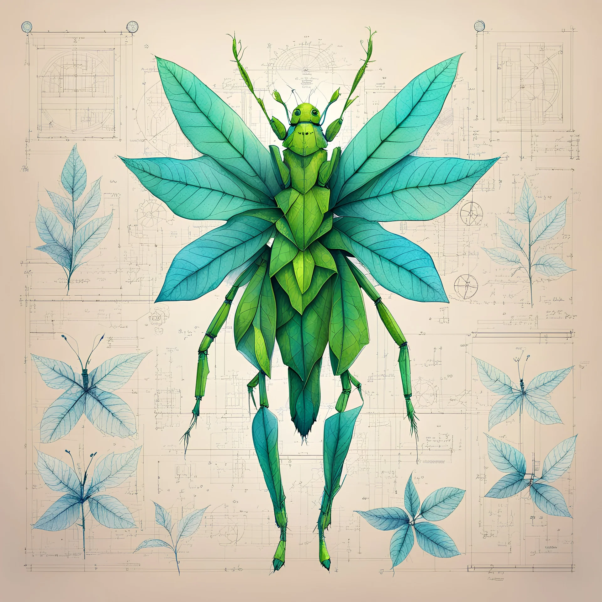 Hand drawn technical,full body illustration , with detailed blueprints and engineering schematics of a walking leaf insect girl, with highly detailed facial features, drawings, and technical notation, 8k, vibrant natural colors