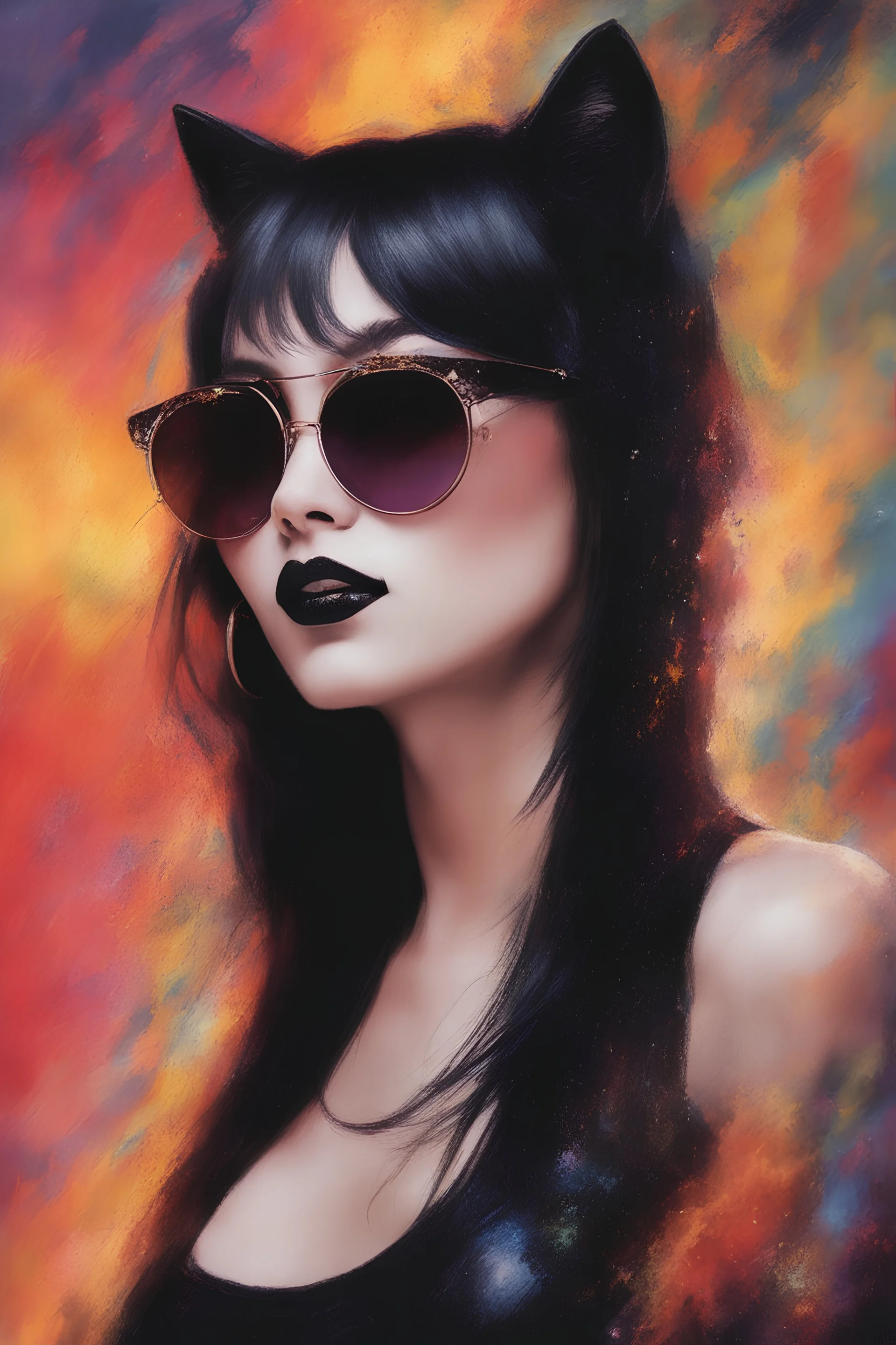 Kiss Me Deadly - Reptilian-skinned - Cat-eye sunglasses - The Flash - Motley Crue - gothic pale-skinned vampire, Painting with fire and multicolored electrified cosmic clouds, by Hoy Tong Lu - Multicolored lightning -a smiling, 18-year-old Countess Elizabeta Dracul, long, straight, black hair, bangs cut straight across the forehead, blue eyes, goth makeup, black leather biker's jacket, bustier, black leather pants, combat boots, black fingerless gloves, sitting on in the forest next to a fire, t