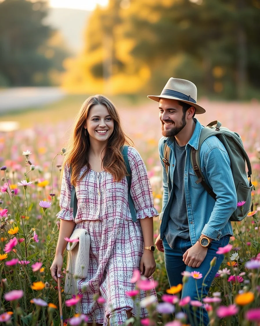 young sweet couple bagpacker adventurer fashion style happy walking and smiling in Realistic photography of a field of wildflowers, soft natural lighting, vibrant colors, intricate details,peaceful and serene atmosphere.