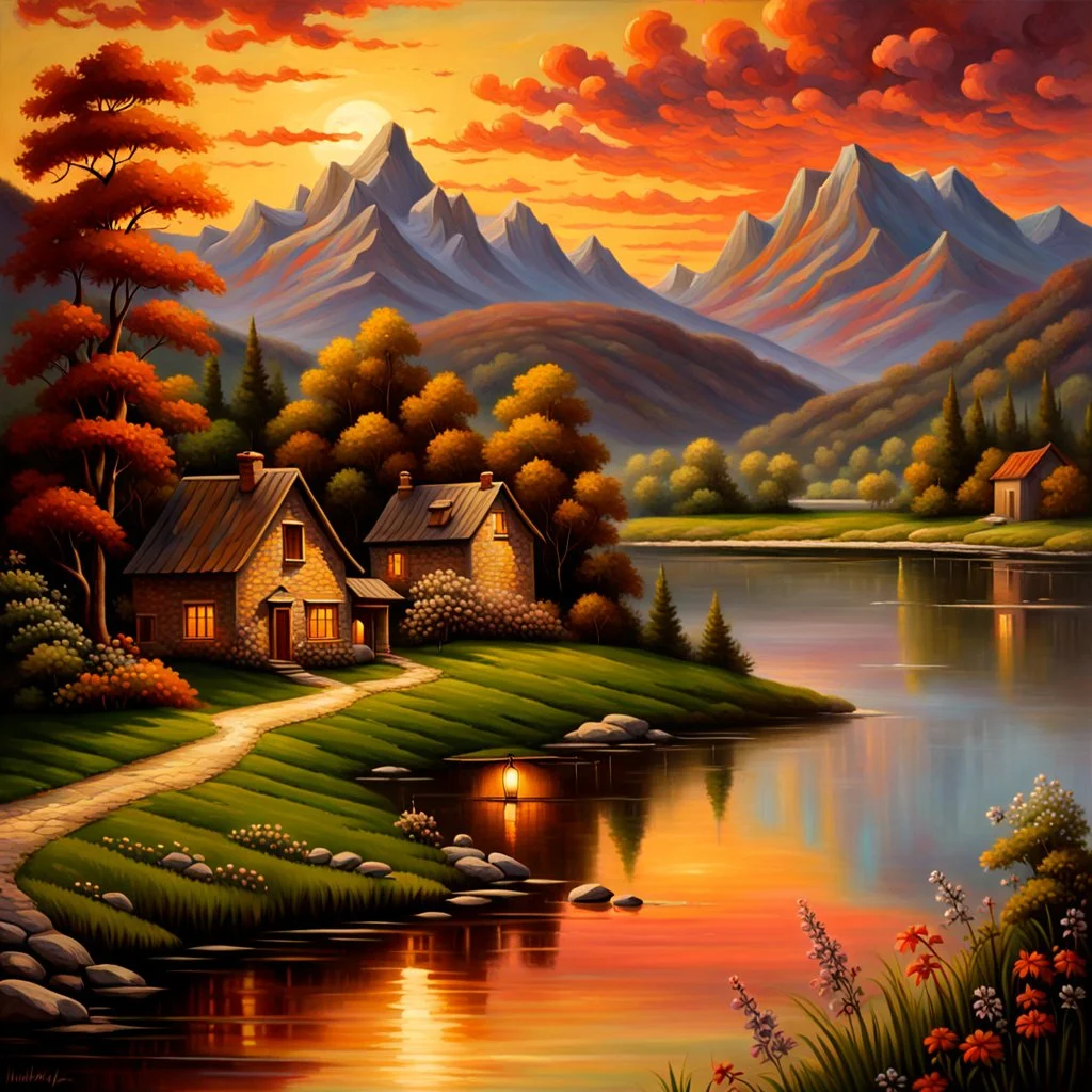 An exquisite oil painting capturing a dreamlike paradise, with a charming little farmhouse nestled by a calm lake. The farmhouse, with its rustic appeal, contrasts against the serene water, surrounded by a lush, verdant forest and rolling hills. The background unfolds into a dramatic landscape, featuring towering mountains and a stunning sunset sky that casts warm, vibrant hues across the scene. The artist's mastery is evident in the seamless blend of traditional oil painting techniques with the