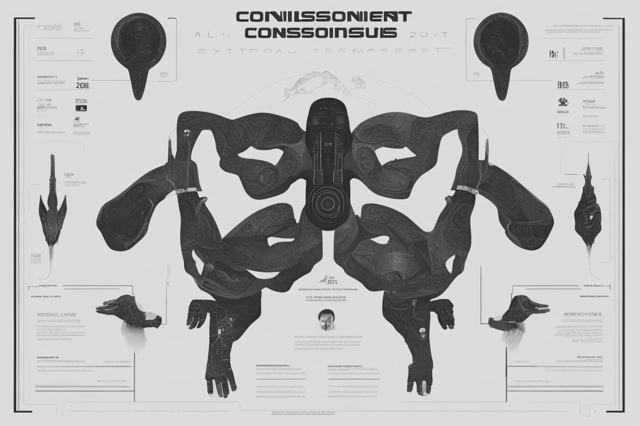 simple layout about consciousness, alien-made, extraterrestrial design, text-heavy, black grainy background, big text, strange glyphs, high quality, minimalist, alien design, clear and legible, infographic with extraterrestrial layout, detailed text, minimalist design, professional