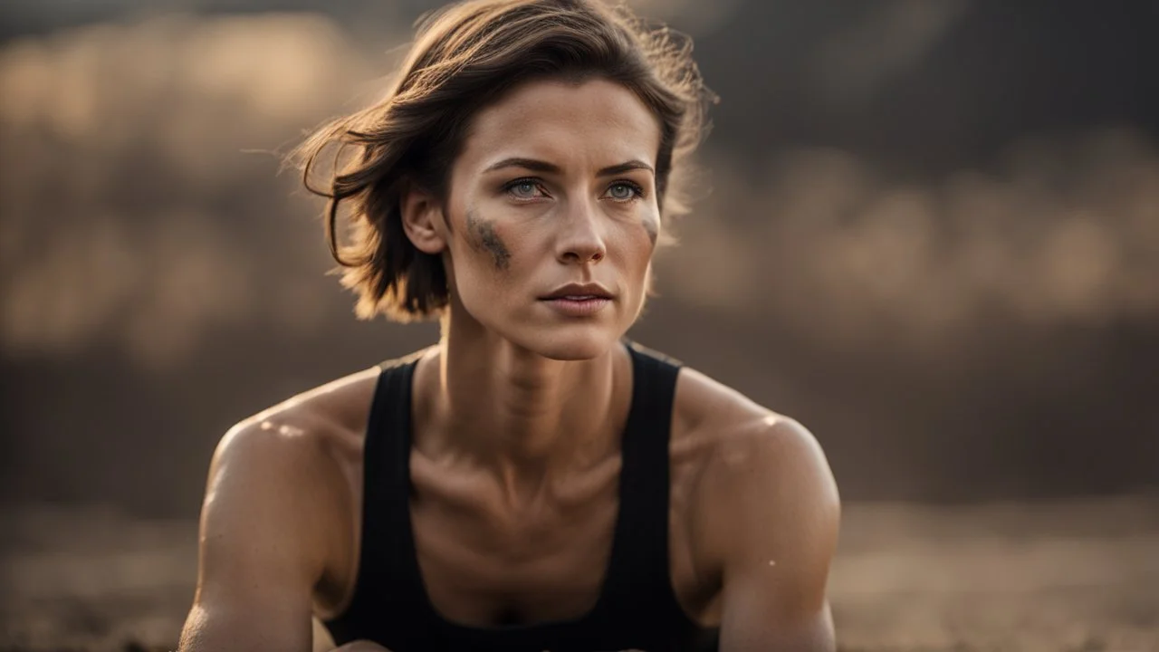 beautiful slender caucasian female technician, black tank top, well toned muscles, weathered face, scratched sand camo metal details, short brunette wavy bob haircut, dystopian, desert scene, being hit by a bullet, explosions in background, wounded by gunfire