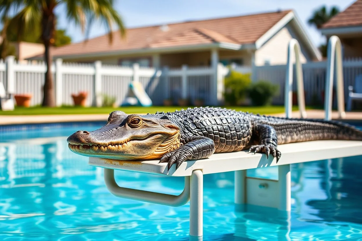 setting of a suburban background with an in-ground pool with a pool springboard, alligator with its eyes shut dozing on the pool's springboard, intricate details, cinematic lighting, sunny day