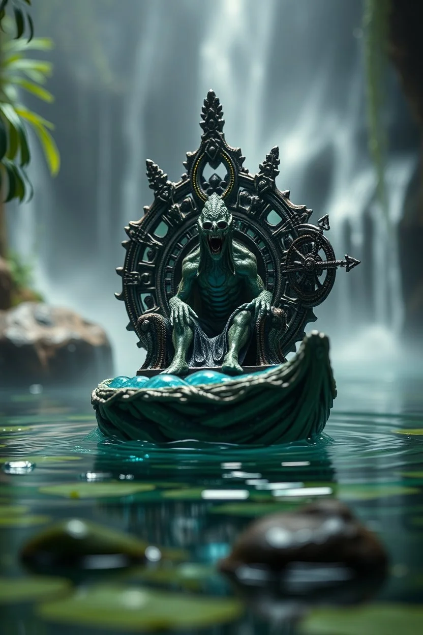 close up on action figure of a crucified necrophyte electric eel on round swamp transparent glass obcidian boat beholder eye wheel throne in a charged foggy jungle starry waterfall, blur background to make character pop out