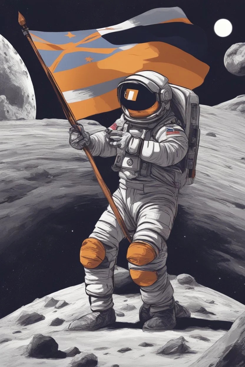 "Generate an awe-inspiring 8K illustration depicting an astronaut triumphantly planting a Bitcoin flag on the lunar surface. The cosmic backdrop should be a chaotic yet mesmerizing scene, replacing traditional stars with various cryptocurrencies. Envision shooting stars as dynamic market movements, while trading charts and pips seamlessly integrate into the background, forming a visually stunning representation of the crypto universe's conquest of the moon."