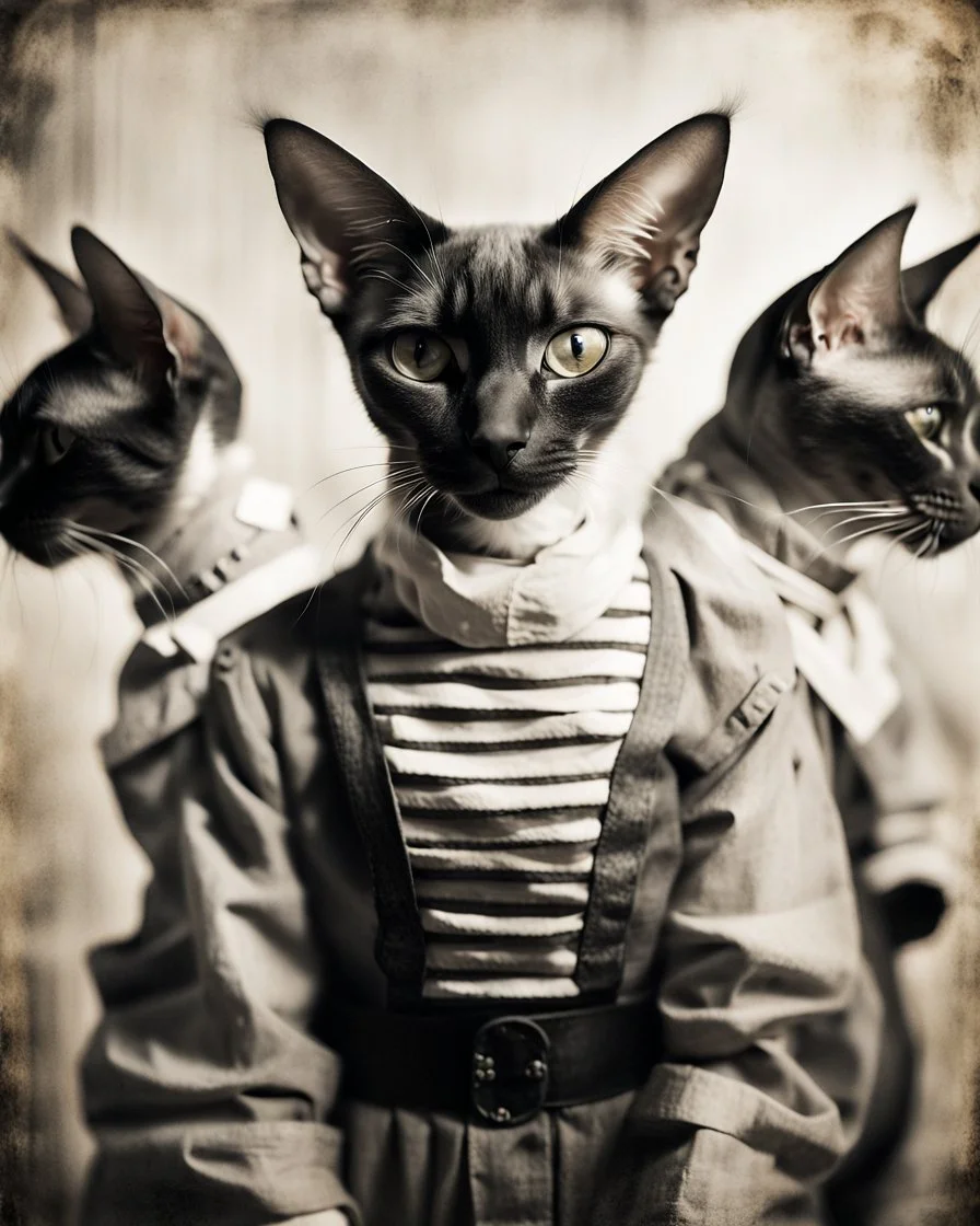 PROMPT: Surrealist portrait of a Oriental shorthair Siamese cat in a convicts outfit, layered multiple exposures of [POSE]. Each overlay is motion blurred and translucent. Monochrome palette, aged film grain and light scratches. A subtle glow softens the focus, evoking [MOOD]. Inspired by early analog photography experiments
