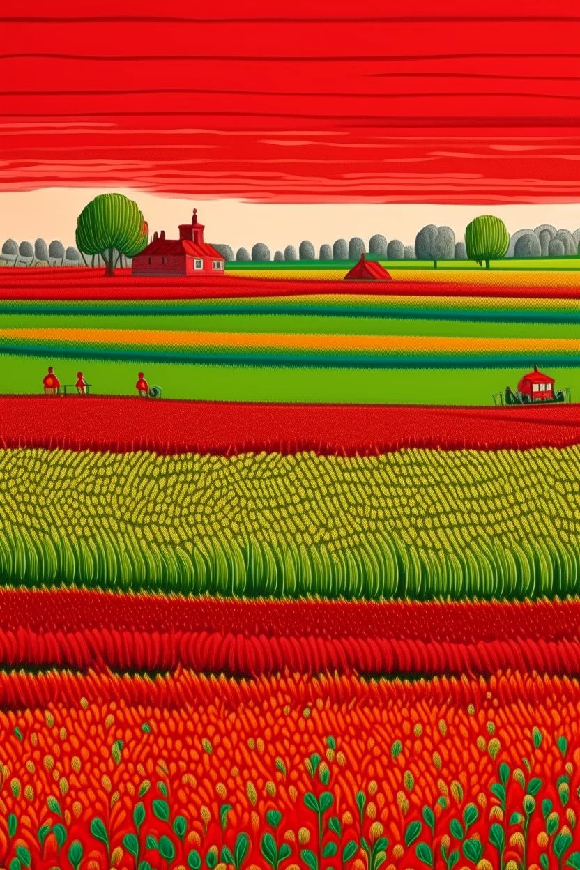 A red farmland with bio life designed in Bayeux tapestry painted by Jeffrey Kolker