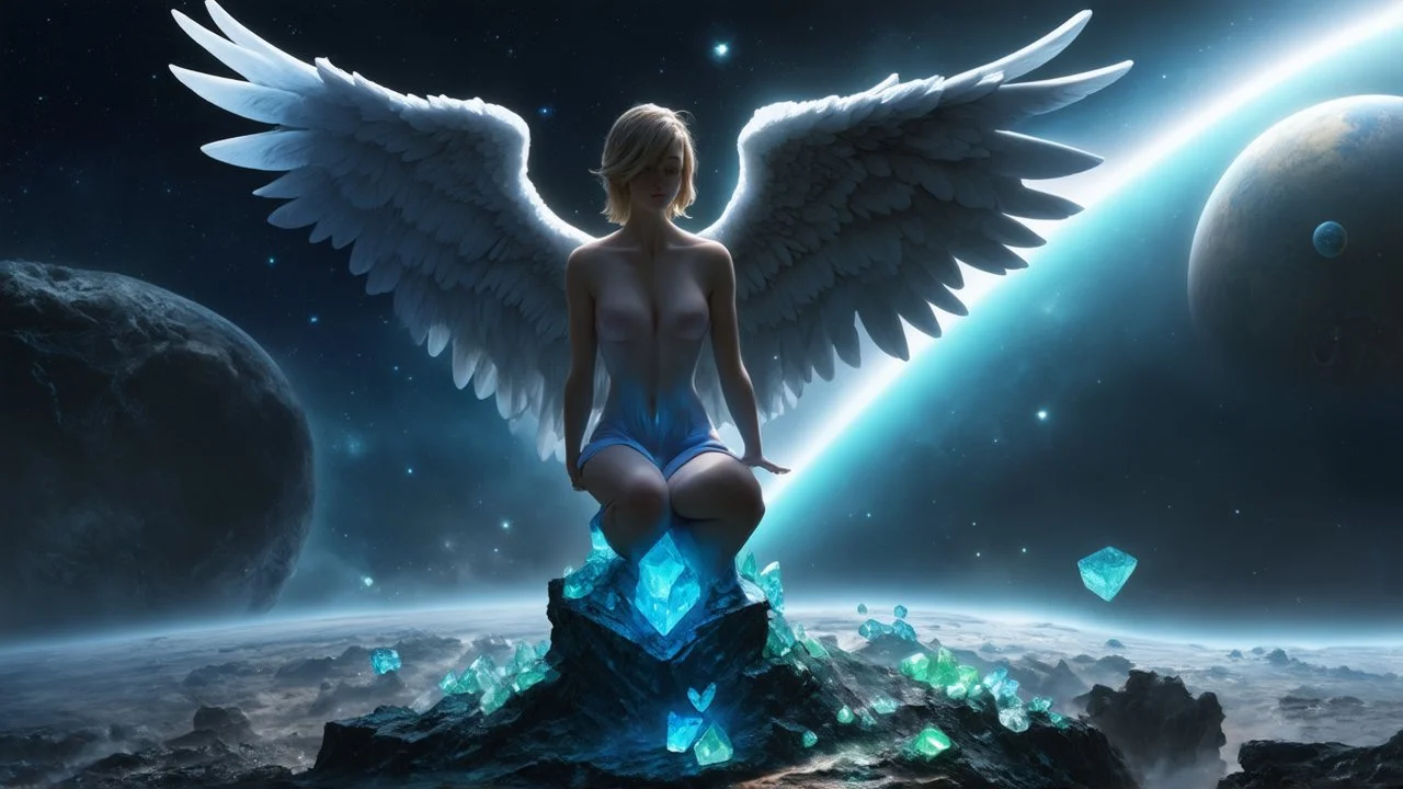 angel with a wings siting on the blue monolith made of blue tiberium crystals of lights, matrix universe, planets on the back grounds, green crystals of tiberium on the life and right