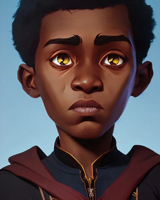 Portrait of a gorgeous black skinned toddler warlock boy with dark hair by Jim Kay