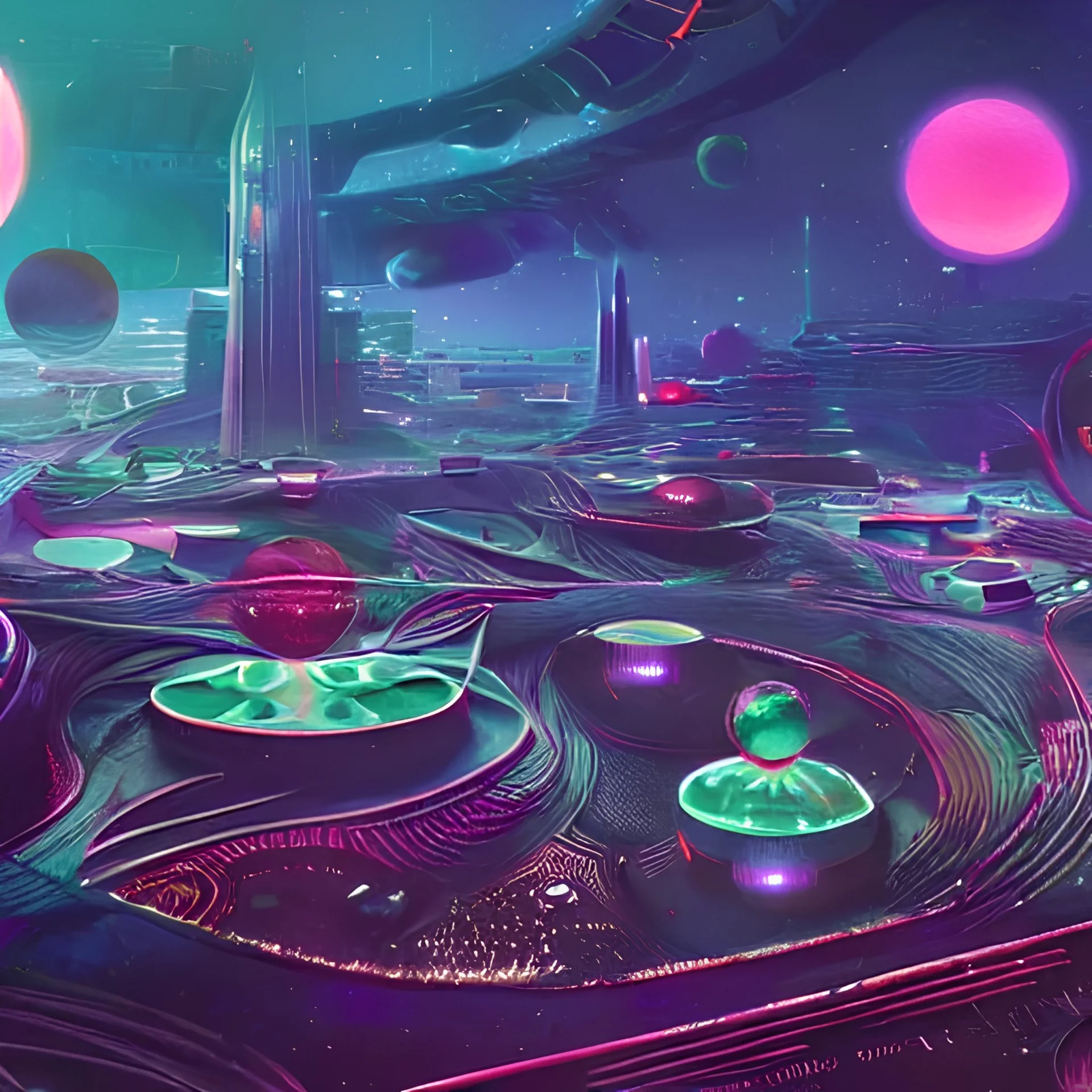 a futuristic space colony with large round bubbled archaeologies, highly detailed, sci-fi, high-tech, neon lights