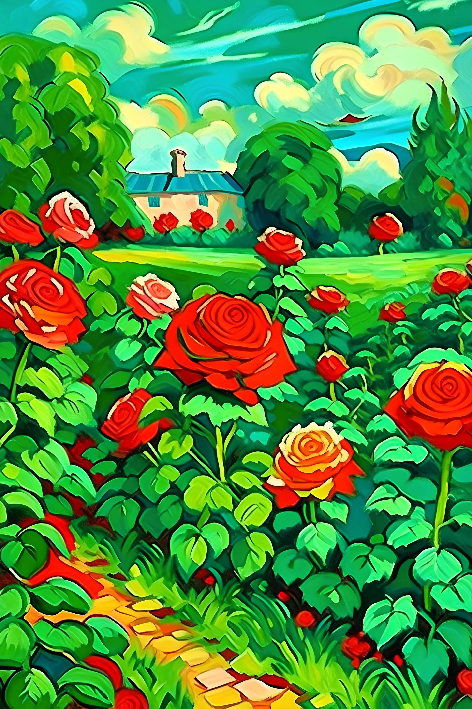 Rosas rojas creciendo en un jardín amplio y verde en un día soleado en el campo al estilo de Van Gogh