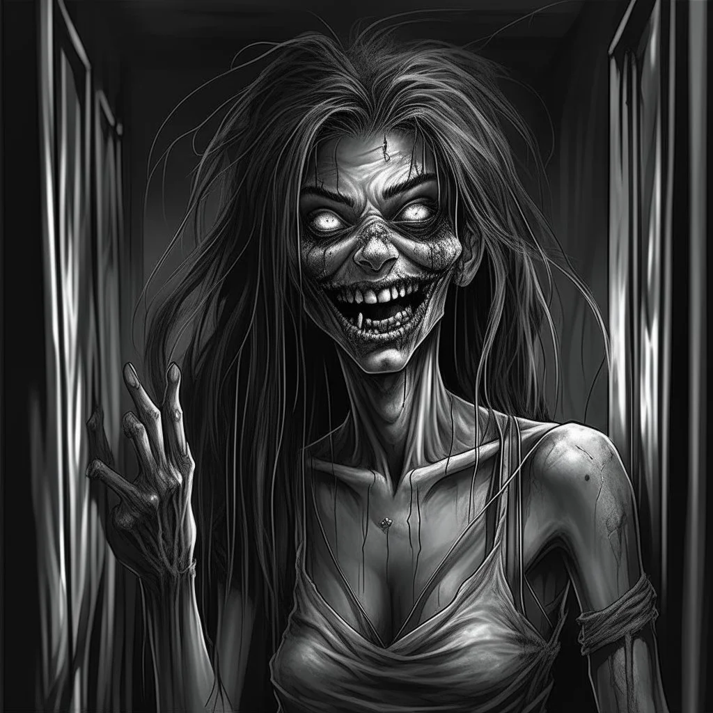 High-definition, riveting sketchy image of a spooky zombie girl with an exaggerated large mouth twisted into an ironic smile. She is characterized by her long, sharply curved fingernails and dirty, unkempt hair. This chilling presence is seen peeking around a corner in a dark, deserted hallway. The image has a blend of styles: heavy metal art of Wes Benscoter like a Slayer 'Season's in the Abyss' cover; the eerie and surreal feel reminiscent of late 19th-century Gothic art; watercolor expressive