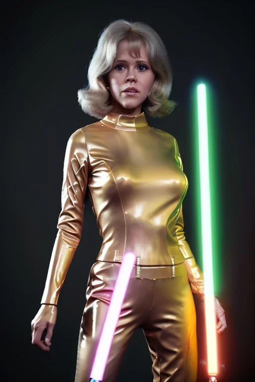 Ultra Realistic retro sci-fi portrait image from 1960, spaceship, sweet young Jane Fonda, tight latex suit, lightsaber fighting stance, soft color, highly detailed, unreal engine 5, ray tracing, RTX, lumen lighting, ultra detail, volumetric lighting, 3d, finely drawn, high definition, high resolution.