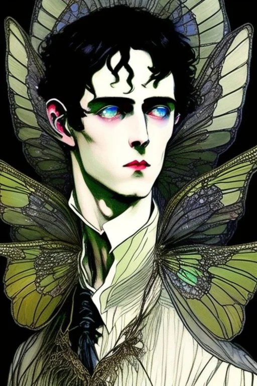 black haired young Victorian man fairy with insect wings like a fly, and insect eyes wizard in the style of Harry Clarke