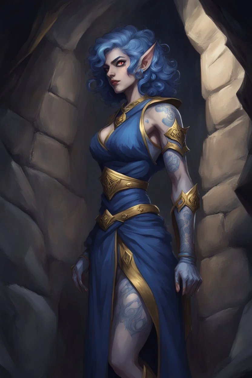 Dnd character in a dark cave. Leaning against a wall. A female Moonelf twilight cleric with super curly, super short, dark blue hair and golden eyes, wearing gray and dark blue robes. With tattoos. Muscular, broad.