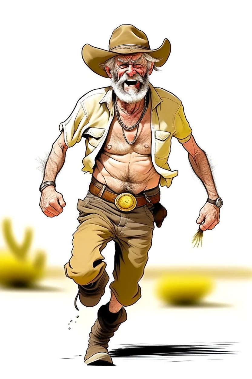 Bare drunk old cowboy in pants runner