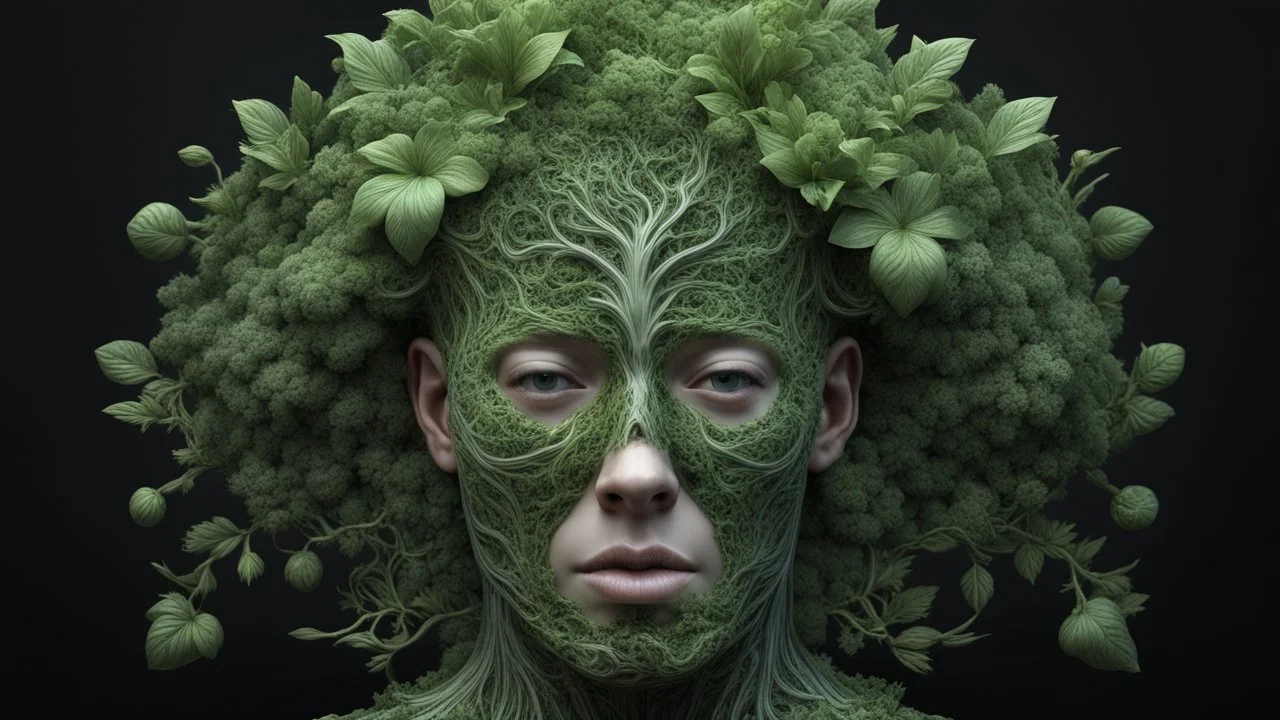 3D rendering of Expressively detailed and intricate of a hyperrealistic “ human head detailed with organic form”: front view, symetric, green glossy plant vines, anatomy, symmetric, scientific, baroque ornament, single object, vivid colour, black background, cosmic fractals, octane render, 8k post-production, dendritic, artstation: award-winning: professional portrait: atmospheric: commanding: fantastical: clarity: 16k: ultra quality: striking: brilliance: stunning colors: amazing depth