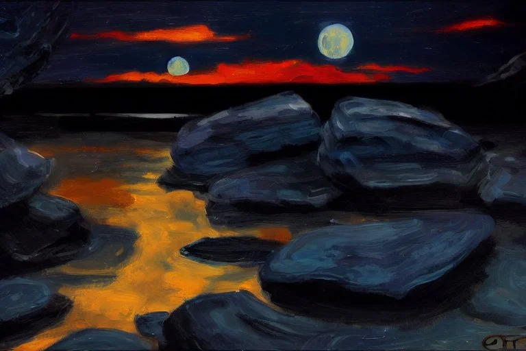 Rocks, night, 2000's sci-fi movies influence, otto pippel impressionism painting