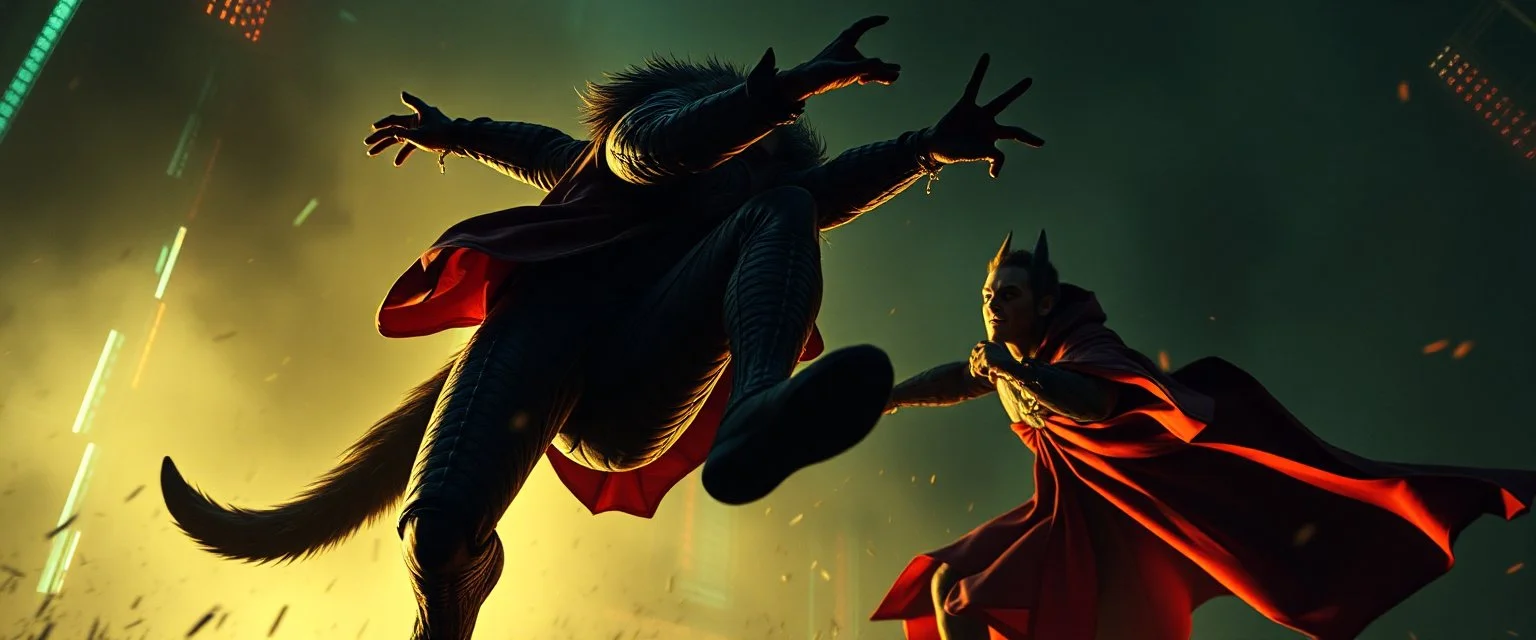 werewolf vs vampire cyberpunk action scene, acrobatic dodge, cape, all seen from below a grid