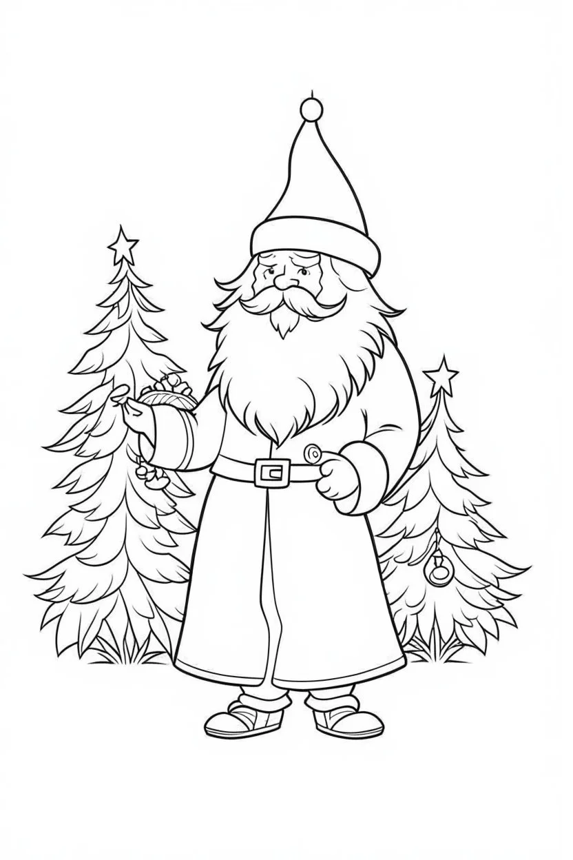 coloring page for kids, Santa GIFT CHILDERN TREE, cartoon style, thick outline, low details, no shading, no color