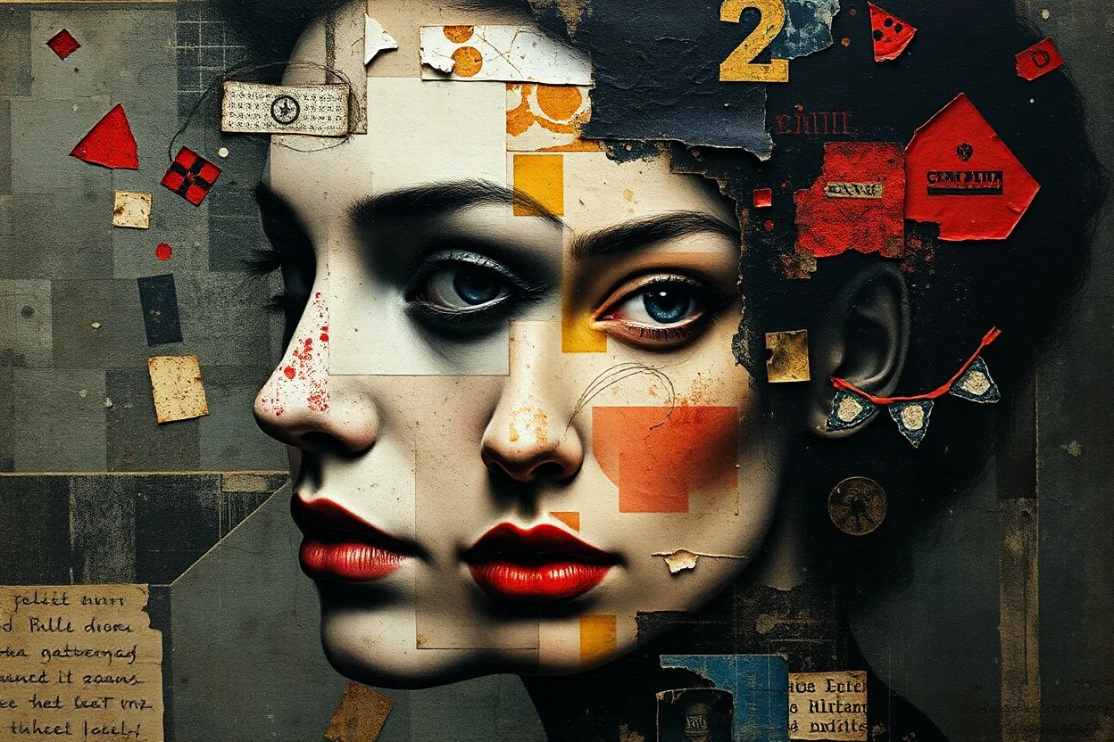 Abstract art, hand assembled female portrait from found objects collage, random textile textures, mixed media, Wassily Kandinsky, Jerry Uelsmann, double color exposure, surreal, otherworldly, dark noir ,atmospheric, decayed