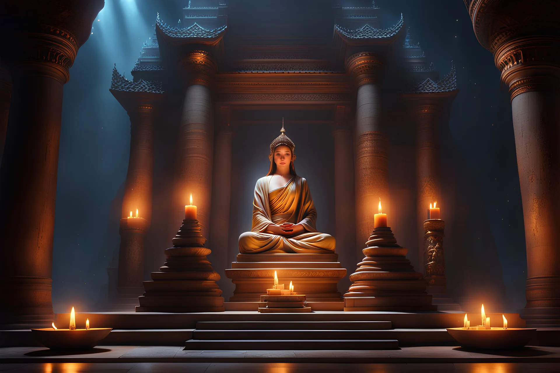 An ancient temple, candles, chanting, monks praying, magical, magical lights, rock formation. fantasy concept art, exquisite realism, a masterpiece, dynamic lighting, hyper detailed, intricately detailed, deep color, Unreal Engine, volumetric lighting , Epic cinematic brilliant stunning intricate meticulously detailed dramatic atmospheric maximal,