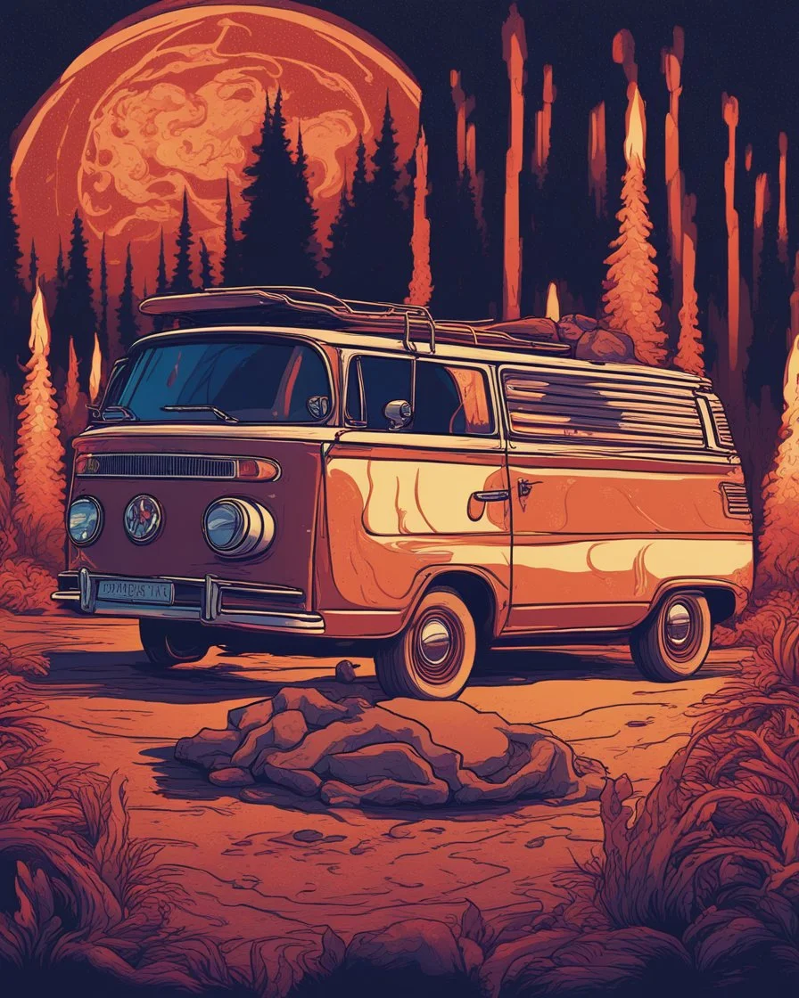 /imagine prompt: Campfire Van::2 Art Nouveau, Pointillism, Iconography, Warm hues, Magical realism, synthwave:: t-shirt vector, center composition graphic design, plain background::2 mockup::-2 --upbeta --ar 1:1