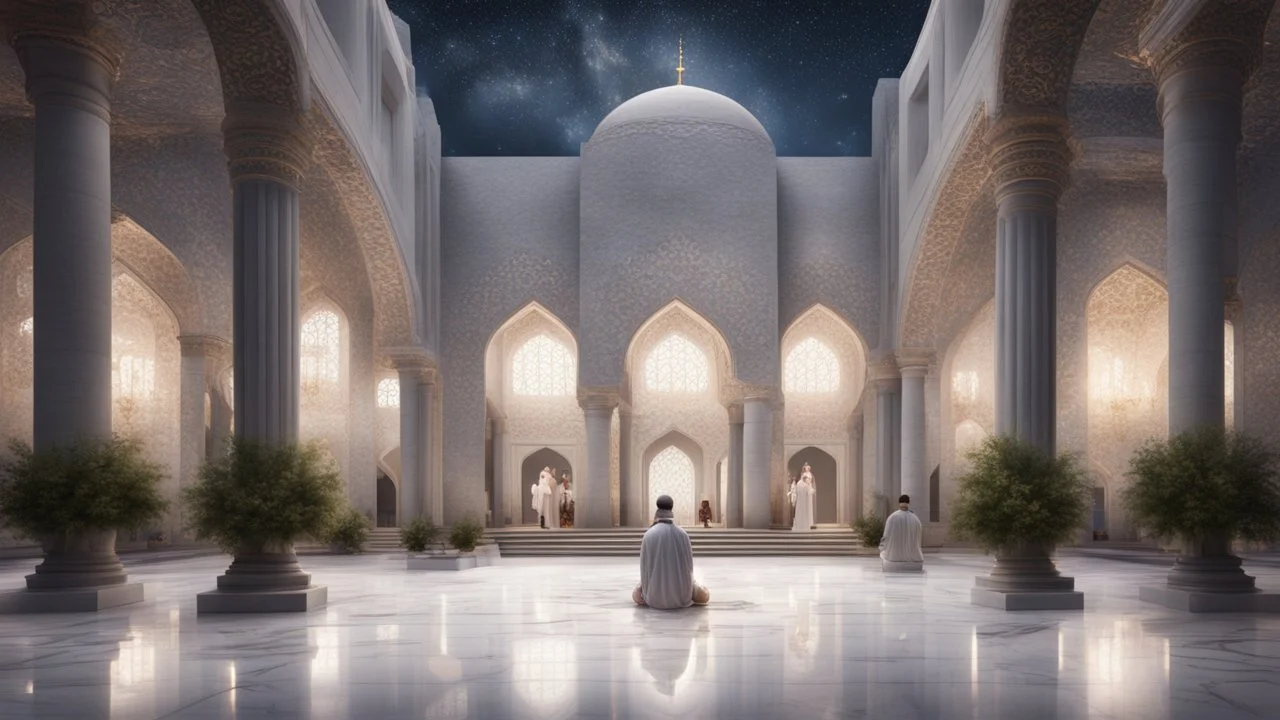 Hyper Realistic People-Praying inside Beautiful-Decorated-Huge-Grey-Brick-Mosque with white-marble-flooring & Beautiful-Lighting-Decorations at night with stars on sky & beautiful trees