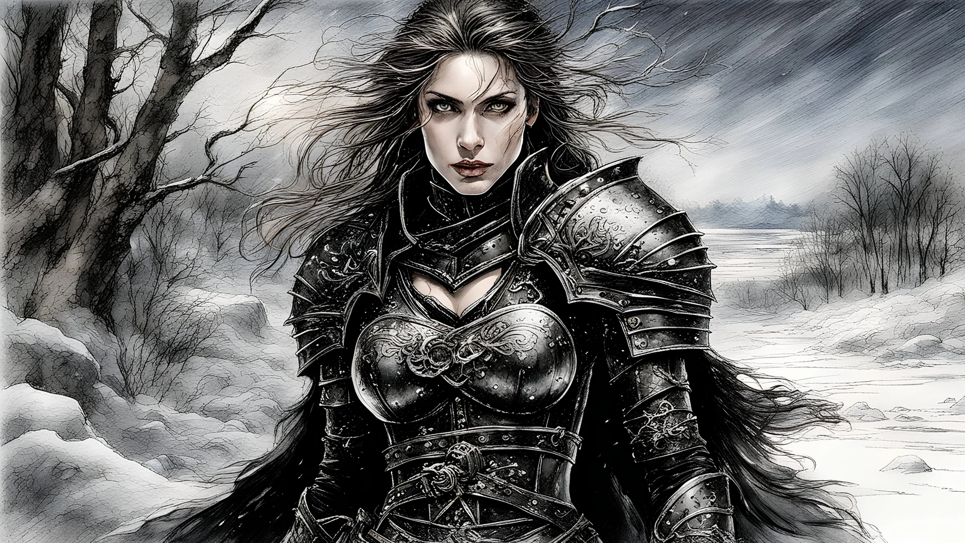 Hyper-photorealistic watercolor art style by Luis Royo , a warrior woman in black armor on the background of a cold snow-covered country, ice and crystal, frost and snow, hyperdetailed face, full body diagonal shot, encounters male bandits in dark fantasy countryside setting, absence of mysterious elements, dramatic lighting, ultrafine detail, octane rendering., by