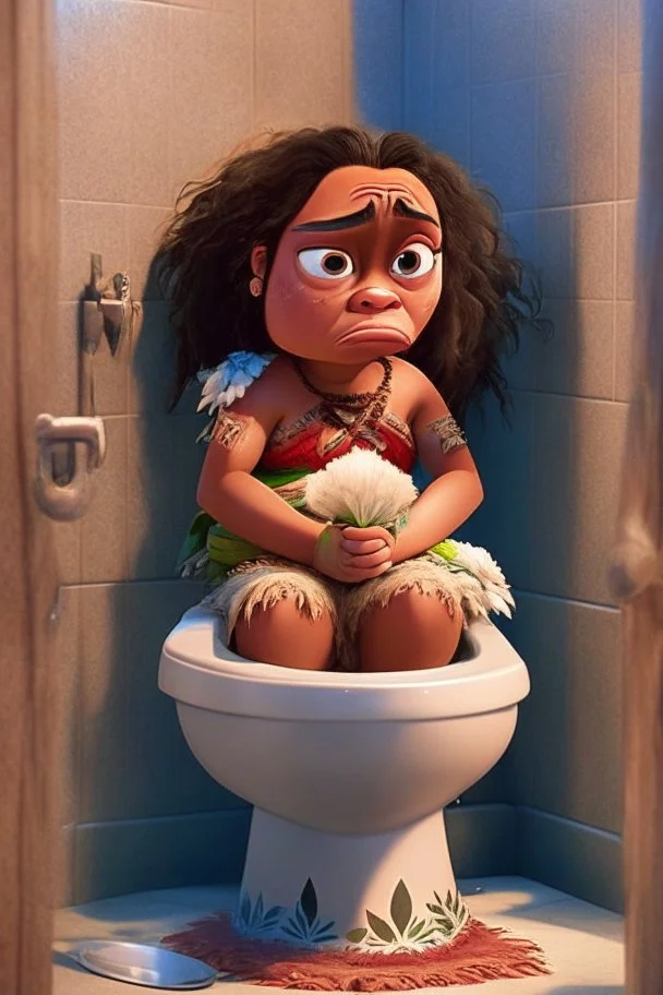 Moana sitting on a toilet